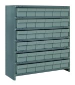 The Quantum Shelving Unit, measuring 18D x 36L x 39H, includes seven shelves and thirty-six gray-black bins each measuring 17-7/8L x 5-9/16W x 4-5/8H. It features a heavy-duty galvanized steel frame with a load capacity of 400 lb. per shelf for efficient storage and organization.