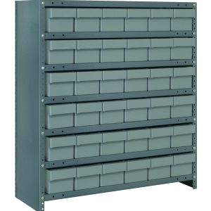 The Quantum Shelving Unit, measuring 18D x 36L x 39H, includes seven shelves and thirty-six gray-black bins each measuring 17-7/8L x 5-9/16W x 4-5/8H. It features a heavy-duty galvanized steel frame with a load capacity of 400 lb. per shelf for efficient storage and organization.