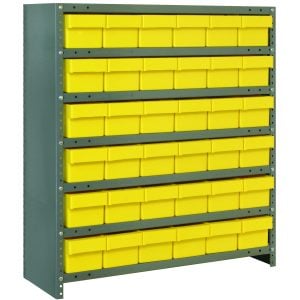 The Quantum Shelving Unit, featuring a heavy-duty galvanized steel design with a 400 lb. load capacity per shelf, has seven shelves and includes 36 yellow black bins (17-7/8L x 5-9/16W x 4-5/8H) for organizing tools or hardware securely. Dimensions: 18D X 36L X 39H.