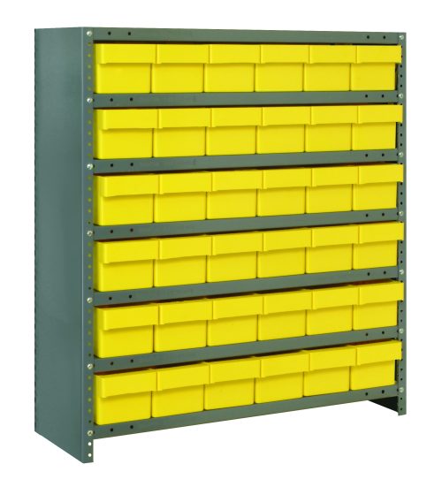 The Quantum Shelving Unit, featuring a heavy-duty galvanized steel design with a 400 lb. load capacity per shelf, has seven shelves and includes 36 yellow black bins (17-7/8L x 5-9/16W x 4-5/8H) for organizing tools or hardware securely. Dimensions: 18D X 36L X 39H.
