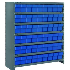 A durable Quantum Shelving Unit, 18D x 36L x 39H, features a galvanized steel finish with seven shelves holding (54) 17-7/8L x 3-3/4W x 4-5/8H (QED604) blue black bins. Its heavy-duty design supports up to 400 lbs per shelf for optimal organized storage.