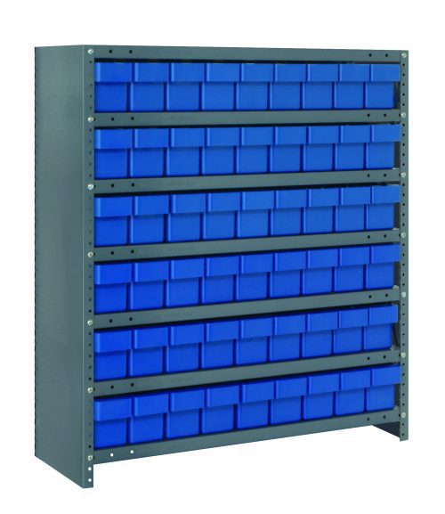 CL1839-604_BL.jpg A durable Quantum Shelving Unit, 18D x 36L x 39H, features a galvanized steel finish with seven shelves holding (54) 17-7/8L x 3-3/4W x 4-5/8H (QED604) blue black bins. Its heavy-duty design supports up to 400 lbs per shelf for optimal organized storage.