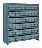 The Quantum Shelving Unit, measuring 18D x 36L x 39H, features a heavy-duty design with a 400 lb. load capacity per shelf, includes seven shelves and eight rows of 54 small gray bins (17-7/8L x 3-3/4W x 4-5/8H), made from galvanized steel for efficient storage of small parts or tools.