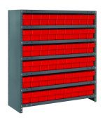 The Quantum Shelving Unit is heavy-duty with galvanized steel finish, featuring 7 shelves each measuring 18D x 36L x 39H and holding up to 400 lbs. It includes 54 red and black bins (17-7/8L x 3-3/4W x 4-5/8H), along with uprights and cross bars for organizing small parts or tools.