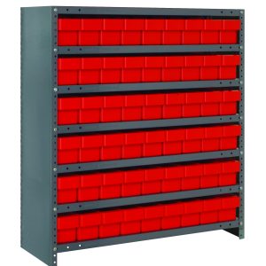 The Quantum Shelving Unit is heavy-duty with galvanized steel finish, featuring 7 shelves each measuring 18D x 36L x 39H and holding up to 400 lbs. It includes 54 red and black bins (17-7/8L x 3-3/4W x 4-5/8H), along with uprights and cross bars for organizing small parts or tools.