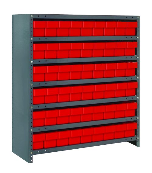 The Quantum Shelving Unit is heavy-duty with galvanized steel finish, featuring 7 shelves each measuring 18D x 36L x 39H and holding up to 400 lbs. It includes 54 red and black bins (17-7/8L x 3-3/4W x 4-5/8H), along with uprights and cross bars for organizing small parts or tools.