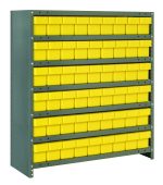 The Quantum Shelving Unit measures 18D x 36L x 39H and holds seven shelves with a 400 lb. load capacity each. It includes (54) QED604 yellow black bins (17-7/8L x 3-3/4W x 4-5/8H), uprights, and cross bars in a galvanized steel finish for efficient small item organization.