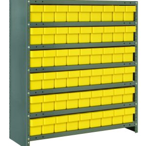 The Quantum Shelving Unit measures 18D x 36L x 39H and holds seven shelves with a 400 lb. load capacity each. It includes (54) QED604 yellow black bins (17-7/8L x 3-3/4W x 4-5/8H), uprights, and cross bars in a galvanized steel finish for efficient small item organization.