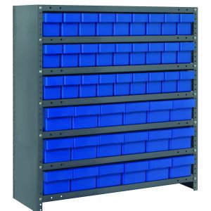 The Quantum Shelving Unit, measuring 18D x 36L x 39H, includes seven heavy-duty shelves with a 400 lb load capacity each. It features eight rows of blue plastic bins (27 QED604 and 18 QED602) ideal for organizing tools in workshops or garages with its sturdy galvanized steel design.