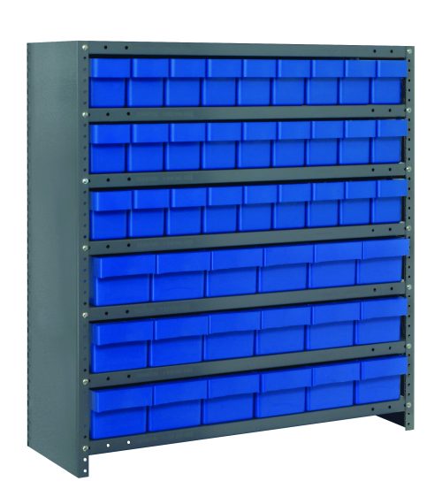 The Quantum Shelving Unit, measuring 18D x 36L x 39H, includes seven heavy-duty shelves with a 400 lb load capacity each. It features eight rows of blue plastic bins (27 QED604 and 18 QED602) ideal for organizing tools in workshops or garages with its sturdy galvanized steel design.