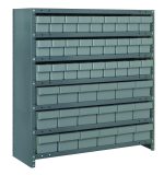 The Quantum Shelving Unit is a heavy-duty, closed shelving system measuring 18D X 36L X 39H. It includes seven shelves with a load capacity of 400 lbs each and comes with gray-black bins. The galvanized steel frame has visible bolt holes for stability.
