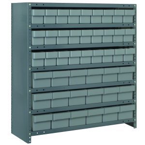 The Quantum Shelving Unit is a heavy-duty, closed shelving system measuring 18D X 36L X 39H. It includes seven shelves with a load capacity of 400 lbs each and comes with gray-black bins. The galvanized steel frame has visible bolt holes for stability.