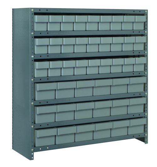 The Quantum Shelving Unit is a heavy-duty, closed shelving system measuring 18D X 36L X 39H. It includes seven shelves with a load capacity of 400 lbs each and comes with gray-black bins. The galvanized steel frame has visible bolt holes for stability.