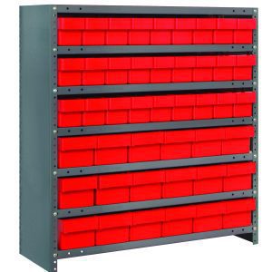 The Quantum Shelving Unit is a heavy-duty, galvanized steel rack with seven shelves and a 400 lb. load capacity per shelf. It features 27 smaller red bins and 18 larger red bins for storage, against a plain white background. Dimensions are 18D x 36L x 39H.