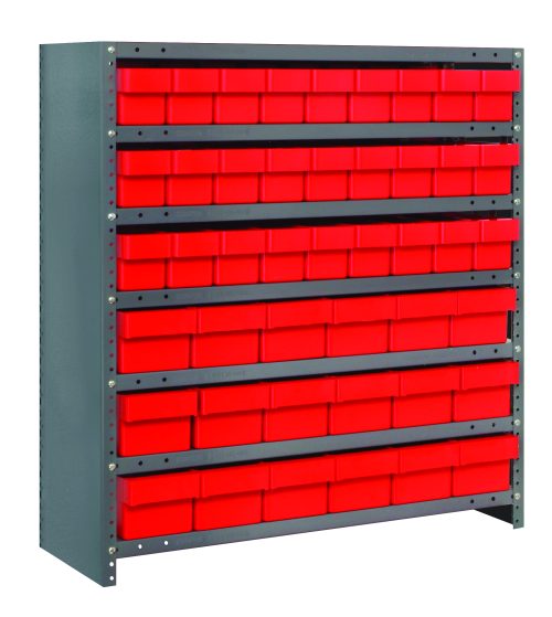The Quantum Shelving Unit is a heavy-duty, galvanized steel rack with seven shelves and a 400 lb. load capacity per shelf. It features 27 smaller red bins and 18 larger red bins for storage, against a plain white background. Dimensions are 18D x 36L x 39H.