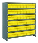 The Quantum Shelving Unit with 18D x 36L x 39H dimensions features seven sturdy shelves, each supporting rows of small yellow and black bins for organized storage. The robust galvanized steel frame adds durability, supporting up to 400 lbs per shelf.