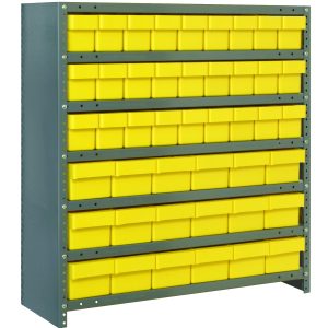 The Quantum Shelving Unit with 18D x 36L x 39H dimensions features seven sturdy shelves, each supporting rows of small yellow and black bins for organized storage. The robust galvanized steel frame adds durability, supporting up to 400 lbs per shelf.