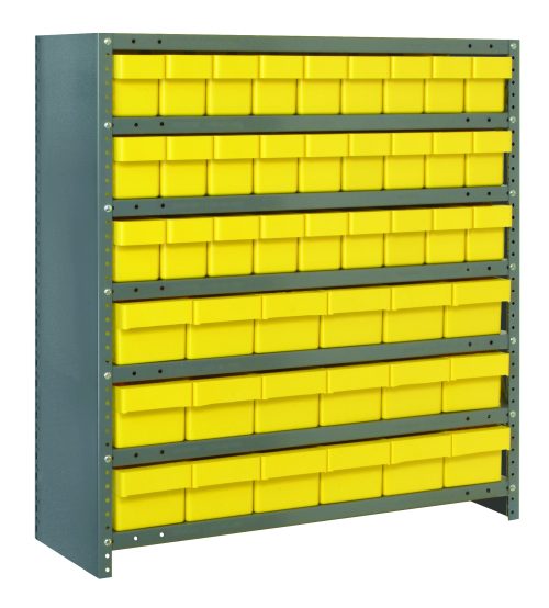 The Quantum Shelving Unit with 18D x 36L x 39H dimensions features seven sturdy shelves, each supporting rows of small yellow and black bins for organized storage. The robust galvanized steel frame adds durability, supporting up to 400 lbs per shelf.