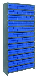 The Quantum Shelving Unit, measuring 18D x 36L x 75H, has a heavy-duty design with a 400 lb. load capacity per shelf. It features 13 evenly spaced shelves and includes 72 blue bins (17-7/8L x 5-9/16W x 4-5/8H) for organizing small items within each section in its galvanized steel frame.