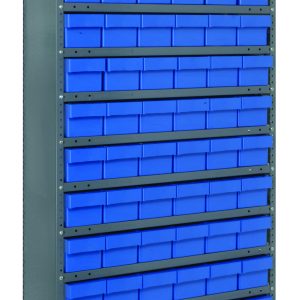 The Quantum Shelving Unit, measuring 18D x 36L x 75H, has a heavy-duty design with a 400 lb. load capacity per shelf. It features 13 evenly spaced shelves and includes 72 blue bins (17-7/8L x 5-9/16W x 4-5/8H) for organizing small items within each section in its galvanized steel frame.