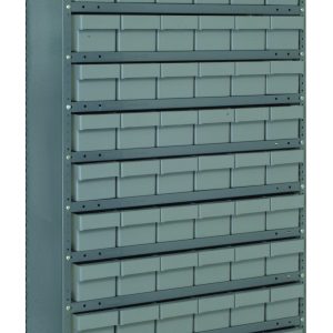 The Quantum Shelving Unit is a heavy-duty, closed storage solution measuring 18D x 36L x 75H, featuring galvanized steel finish. It includes 13 shelves with a 400 lb. load capacity per shelf and comes with 72 gray-black bins, making it ideal for industrial or workshop organization.