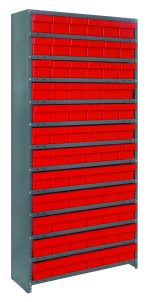 The Quantum Shelving Unit is 18D x 36L x 75H with a heavy-duty galvanized steel finish and includes 13 shelves, each with a 400 lb. load capacity. It comes with 72 red plastic bins (17-7/8L x 5-9/16W x 4-5/8H) organized neatly in columns on the stand-alone rack.