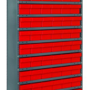 The Quantum Shelving Unit is 18D x 36L x 75H with a heavy-duty galvanized steel finish and includes 13 shelves, each with a 400 lb. load capacity. It comes with 72 red plastic bins (17-7/8L x 5-9/16W x 4-5/8H) organized neatly in columns on the stand-alone rack.