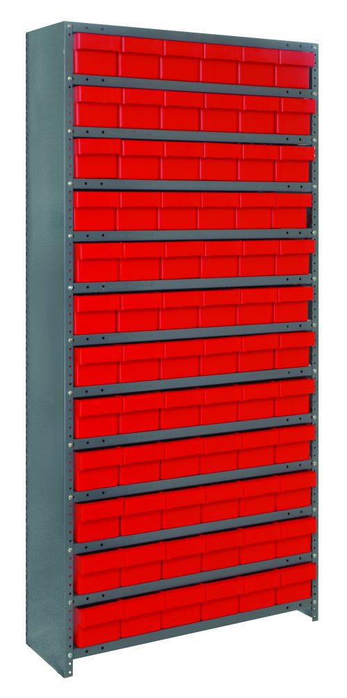 CL1875-602_RD.jpg The Quantum Shelving Unit is 18D x 36L x 75H with a heavy-duty galvanized steel finish and includes 13 shelves, each with a 400 lb. load capacity. It comes with 72 red plastic bins (17-7/8L x 5-9/16W x 4-5/8H) organized neatly in columns on the stand-alone rack.