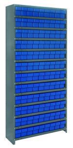 The Quantum Shelving Unit, 18D x 36L x 75H, with a galvanized steel finish and heavy-duty design, holds 13 shelves of closed blue (Qed604) bins, arranged in a grid-like horizontal pattern using its sturdy uprights and cross bars.