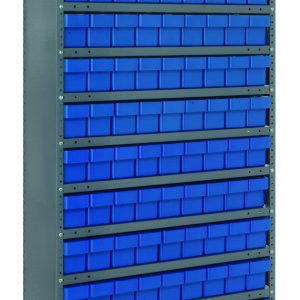 The Quantum Shelving Unit, 18D x 36L x 75H, with a galvanized steel finish and heavy-duty design, holds 13 shelves of closed blue (Qed604) bins, arranged in a grid-like horizontal pattern using its sturdy uprights and cross bars.