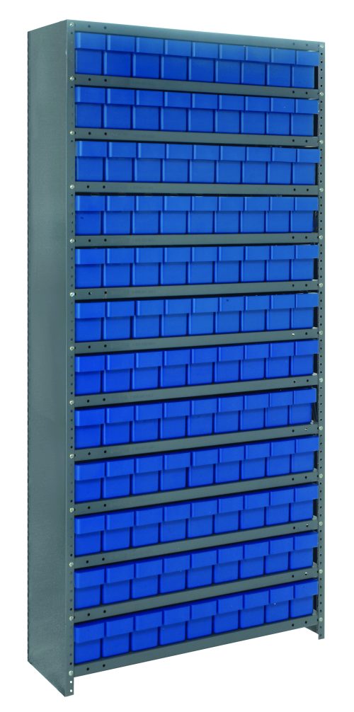 The Quantum Shelving Unit, 18D x 36L x 75H, with a galvanized steel finish and heavy-duty design, holds 13 shelves of closed blue (Qed604) bins, arranged in a grid-like horizontal pattern using its sturdy uprights and cross bars.