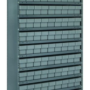 The Quantum Shelving Unit, 18D x 36L x 75H, features a galvanized steel frame with 13 heavy-duty shelves capable of holding 400 lbs each. It includes 108 gray-black bins for efficient storage of small items or parts.