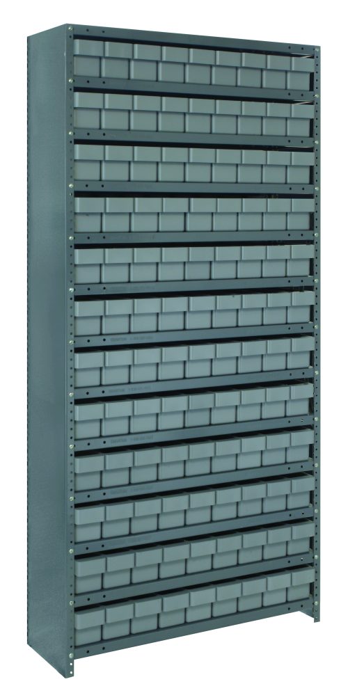 The Quantum Shelving Unit, 18D x 36L x 75H, features a galvanized steel frame with 13 heavy-duty shelves capable of holding 400 lbs each. It includes 108 gray-black bins for efficient storage of small items or parts.