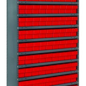 The Quantum shelving unit, measuring 18D x 36L x 75H, features a heavy-duty design with a load capacity of 400 lbs per shelf. It includes 13 shelves and holds 108 red and black bins sized at 17-7/8L x 3-3/4W x 4-5/8H, arranged in a sturdy galvanized steel frame for ample closed storage.
