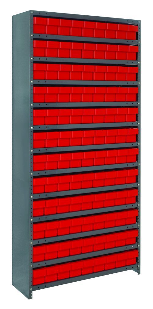 CL1875-604_RD.jpg The Quantum shelving unit, measuring 18D x 36L x 75H, features a heavy-duty design with a load capacity of 400 lbs per shelf. It includes 13 shelves and holds 108 red and black bins sized at 17-7/8L x 3-3/4W x 4-5/8H, arranged in a sturdy galvanized steel frame for ample closed storage.