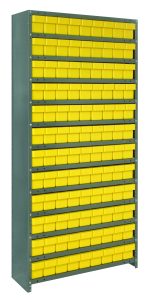 A Quantum Shelving Unit, standing 18D x 36L x 75H, showcases a heavy-duty build with a 400 lb. load capacity per shelf. It features multiple rows of identical small yellow bins against a plain white backdrop, comprising 13 shelves and 108 bins on galvanized steel.