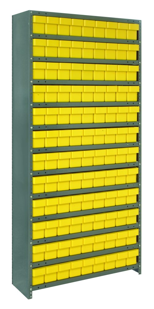 A Quantum Shelving Unit, standing 18D x 36L x 75H, showcases a heavy-duty build with a 400 lb. load capacity per shelf. It features multiple rows of identical small yellow bins against a plain white backdrop, comprising 13 shelves and 108 bins on galvanized steel.