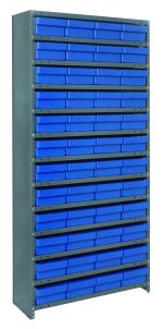 The Quantum Shelving Unit, measuring 18D x 36L x 75H and constructed from galvanized steel, features 13 shelves with a load capacity of 400 lbs each. It includes 48 blue plastic bins sized 17-7/8L x 8-3/8W x 4-5/8H, all neatly arranged against a plain background.