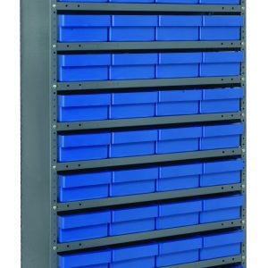 The Quantum Shelving Unit, measuring 18D x 36L x 75H and constructed from galvanized steel, features 13 shelves with a load capacity of 400 lbs each. It includes 48 blue plastic bins sized 17-7/8L x 8-3/8W x 4-5/8H, all neatly arranged against a plain background.