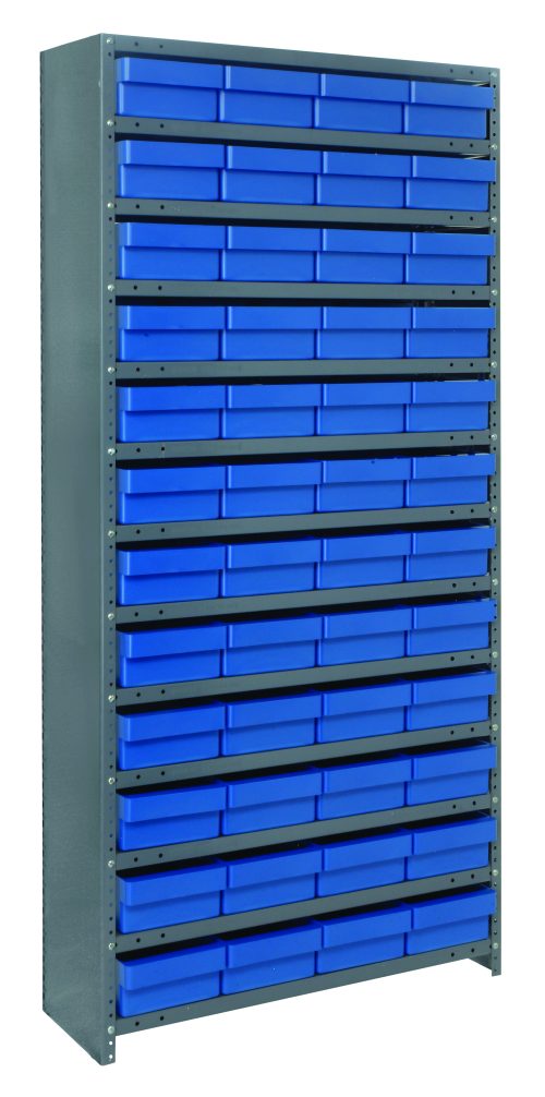 The Quantum Shelving Unit, measuring 18D x 36L x 75H and constructed from galvanized steel, features 13 shelves with a load capacity of 400 lbs each. It includes 48 blue plastic bins sized 17-7/8L x 8-3/8W x 4-5/8H, all neatly arranged against a plain background.