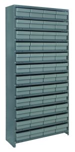 The Quantum Shelving Unit is a closed, heavy-duty storage system measuring 18D x 36L x 75H. It comes in a galvanized steel finish with gray black bins and holds up to 400 lbs per shelf. The unit includes 13 shelves and stands against a white background.