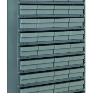 The Quantum Shelving Unit is a closed, heavy-duty storage system measuring 18D x 36L x 75H. It comes in a galvanized steel finish with gray black bins and holds up to 400 lbs per shelf. The unit includes 13 shelves and stands against a white background.