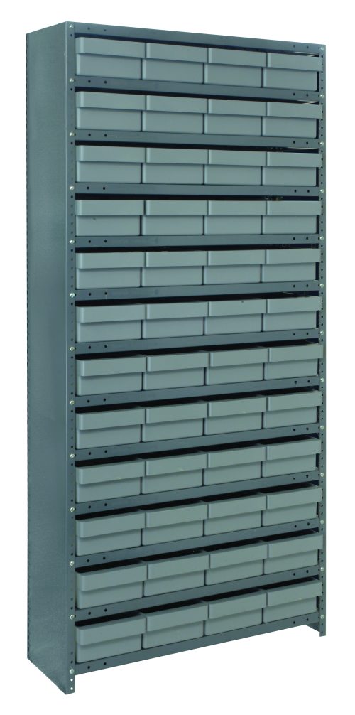 The Quantum Shelving Unit is a closed, heavy-duty storage system measuring 18D x 36L x 75H. It comes in a galvanized steel finish with gray black bins and holds up to 400 lbs per shelf. The unit includes 13 shelves and stands against a white background.