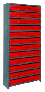 The Quantum Shelving Unit is a tall, heavy-duty organizer with 13 shelves and includes 48 red bins for small items. Made of galvanized steel with closed sides, it measures 18D x 36L x 75H and has a load capacity of 400 lbs per shelf.