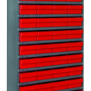 The Quantum Shelving Unit is a tall, heavy-duty organizer with 13 shelves and includes 48 red bins for small items. Made of galvanized steel with closed sides, it measures 18D x 36L x 75H and has a load capacity of 400 lbs per shelf.