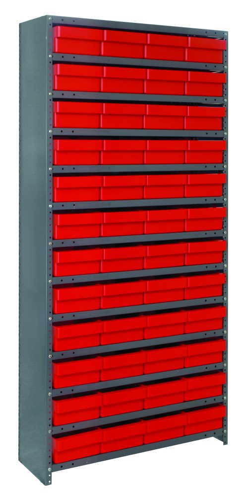 CL1875-606_RD.jpg The Quantum Shelving Unit is a tall, heavy-duty organizer with 13 shelves and includes 48 red bins for small items. Made of galvanized steel with closed sides, it measures 18D x 36L x 75H and has a load capacity of 400 lbs per shelf.