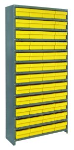 The Quantum Shelving Unit, an 18D x 36L x 75H heavy-duty metal shelf, holds up to 400 lbs per tier. It includes 13 shelves filled with 48 yellow Qed606 bins (17-7/8L x 8-3/8W x 4-5/8H), perfect for organizing. The galvanized steel shelving unit comes with uprights and cross bars.