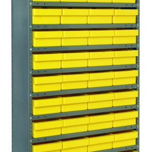 The Quantum Shelving Unit, an 18D x 36L x 75H heavy-duty metal shelf, holds up to 400 lbs per tier. It includes 13 shelves filled with 48 yellow Qed606 bins (17-7/8L x 8-3/8W x 4-5/8H), perfect for organizing. The galvanized steel shelving unit comes with uprights and cross bars.