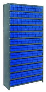 The Quantum Shelving Unit, measuring 18D x 36L x 75H, is heavy-duty and can hold up to 400 lbs per shelf. It has 13 shelves with a galvanized steel finish, organizing blue bins: (54) QED604 and (36) QED602 for efficient storage.