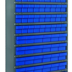The Quantum Shelving Unit, measuring 18D x 36L x 75H, is heavy-duty and can hold up to 400 lbs per shelf. It has 13 shelves with a galvanized steel finish, organizing blue bins: (54) QED604 and (36) QED602 for efficient storage.